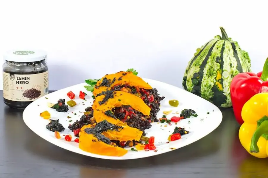 riso venere con zucca arrosto e tahin nero