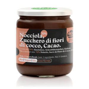 Crema solo tre ingredienti con 70% di nocciola, zucchero di fiori di cocco e cacao