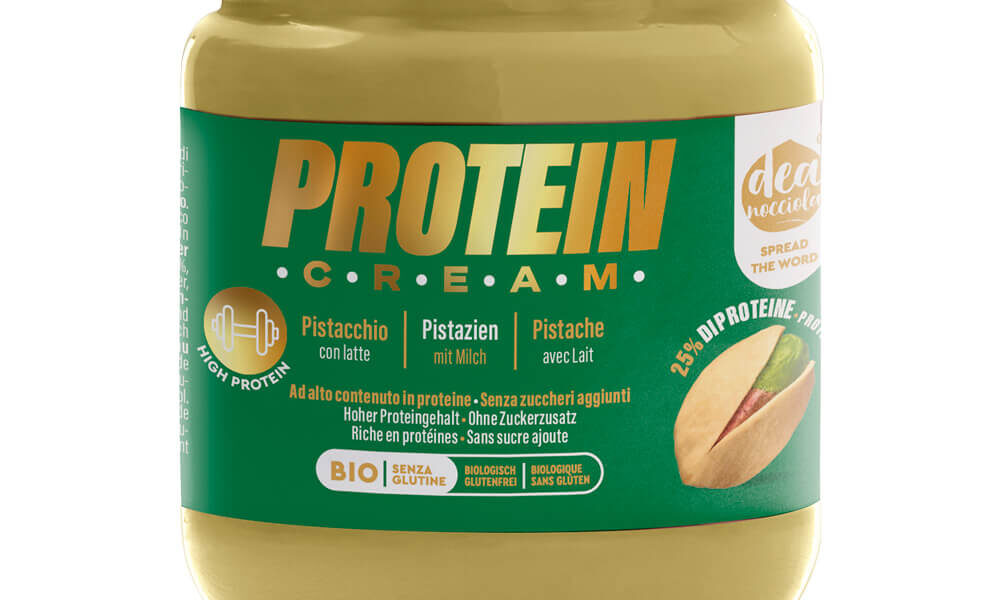 Crema spalmabile proteica con pistacchio con il 25% di proteine del siero del latte