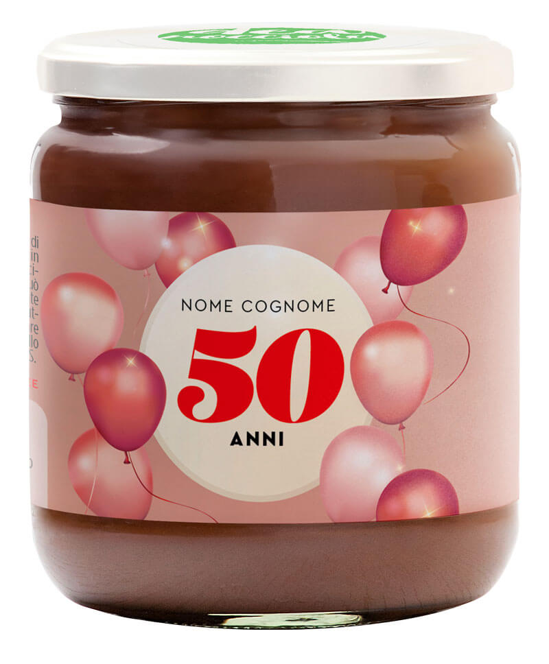 vasetto di crema al latte con etichetta esempio per compleanno 50 anni con palloncini rossi