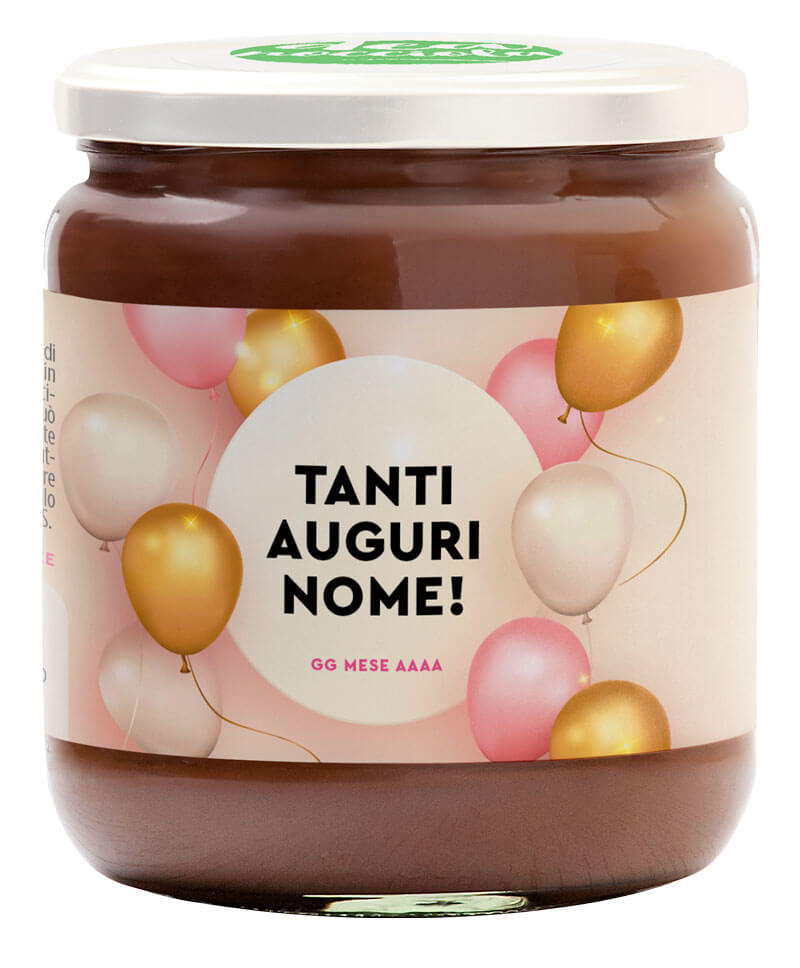 vasetto di crema al latte con etichetta esempio per compleanno con palloncini rosa