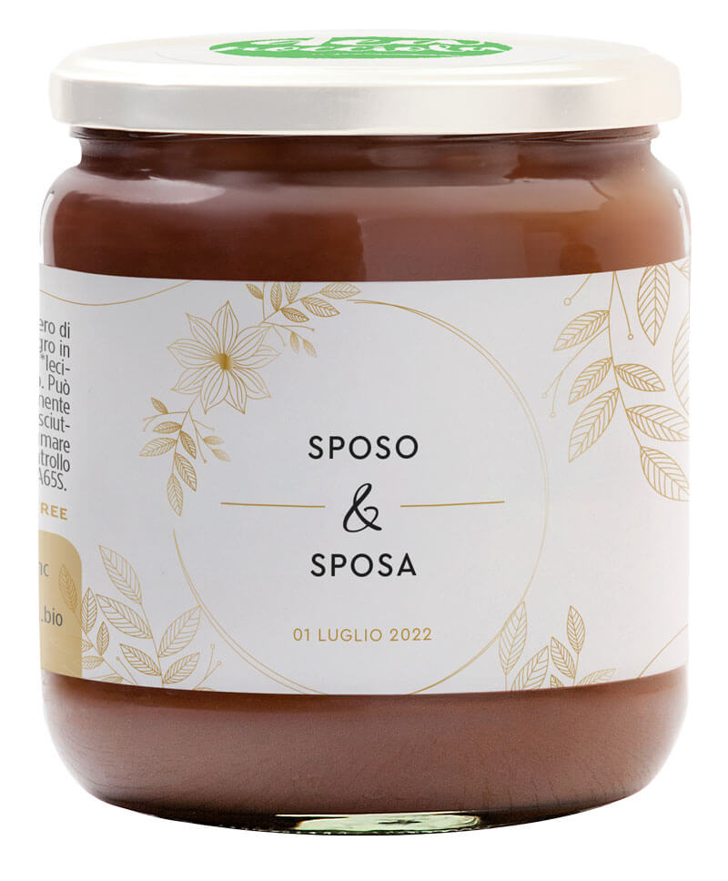 vasetto di crema al latte con etichetta esempio per matrimonio con fiori oro