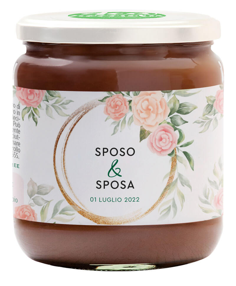 vasetto di crema al latte con etichetta esempio per matrimonio con rose