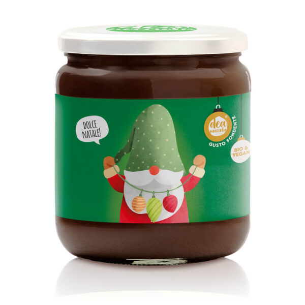 vasetto di crema classica con etichetta natalizia con al centro un elfo che gioca con le luci di Natale