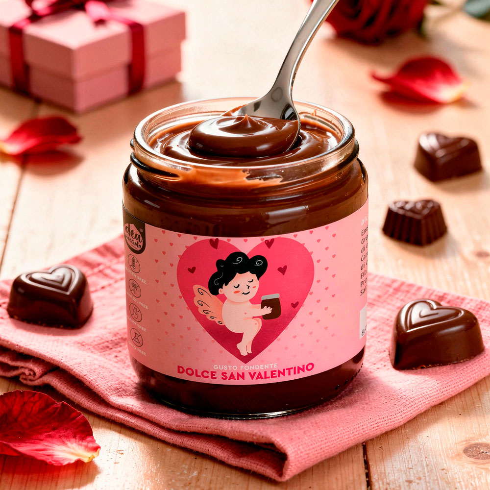 Crema spalmabile fondente con etichetta San Valentino, cupido