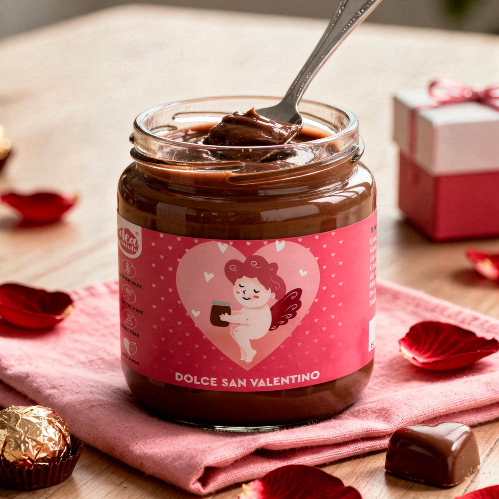 Crema spalmabile con etichetta San Valentino, cupido