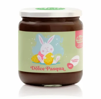 vasetto di crema pasquale, sfondo verede chiaro e disegno coniglietto