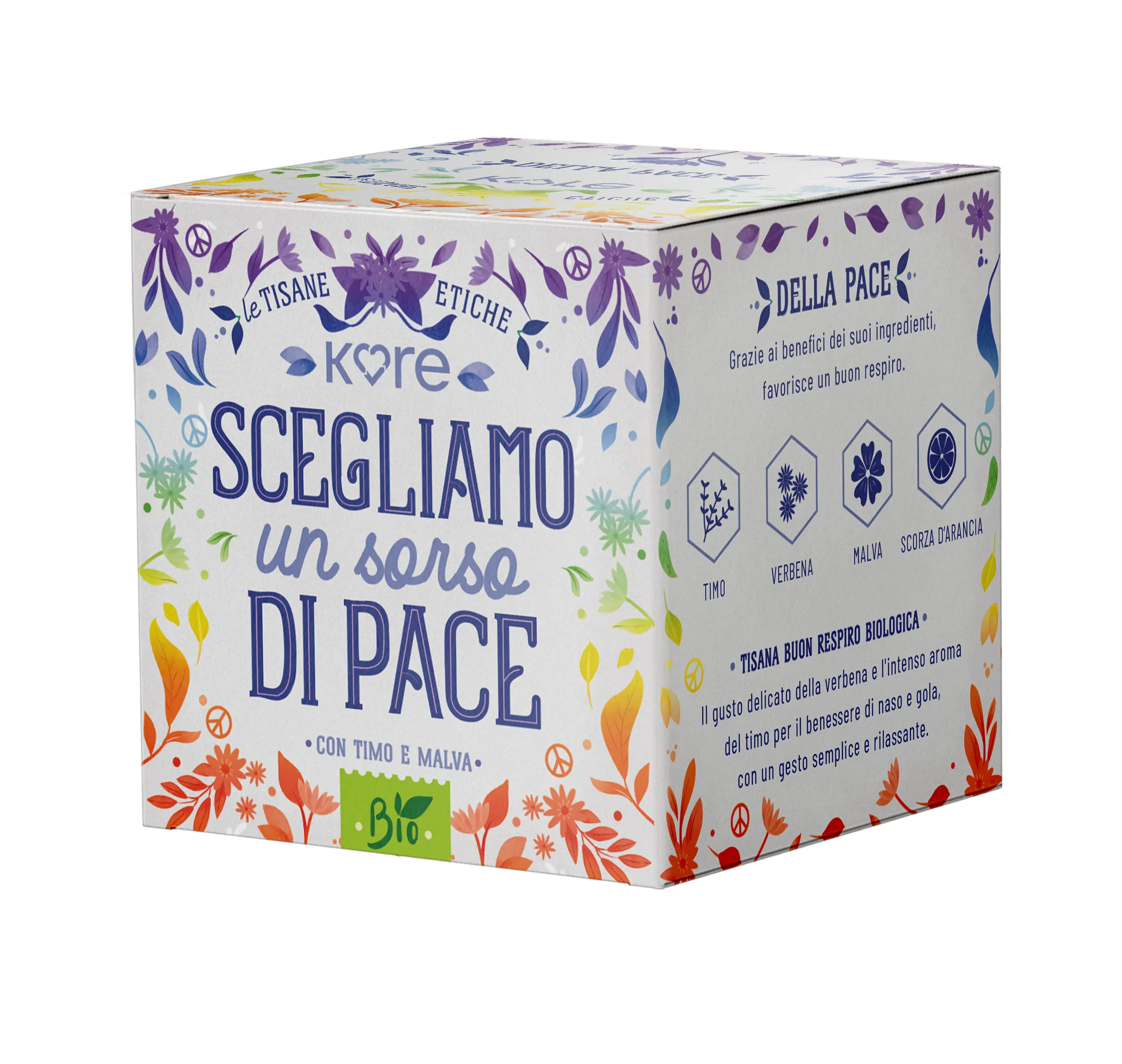 SCATOLA DI TISANA BIANCA CON SCRITTE ARCOBALENO CON SCRITTO " scegliamo un sorso di pace"